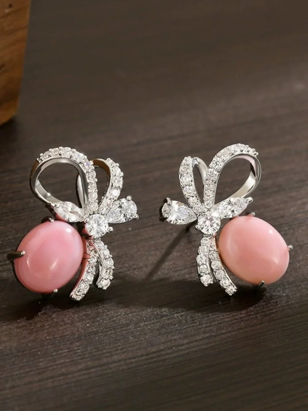 Sparkling Bow & Pink Cabochon Stud Earrings